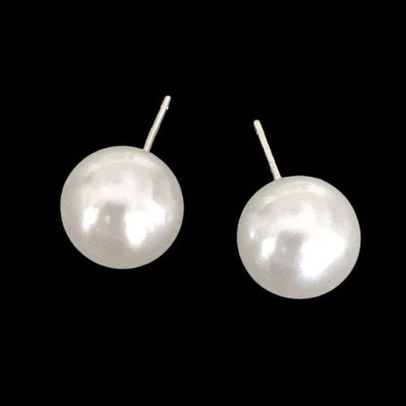 Luminous Large Faux Pearl Stud Earrings, 10mm, Silver-Plated, Classic Style Gift - Picture 1 of 10